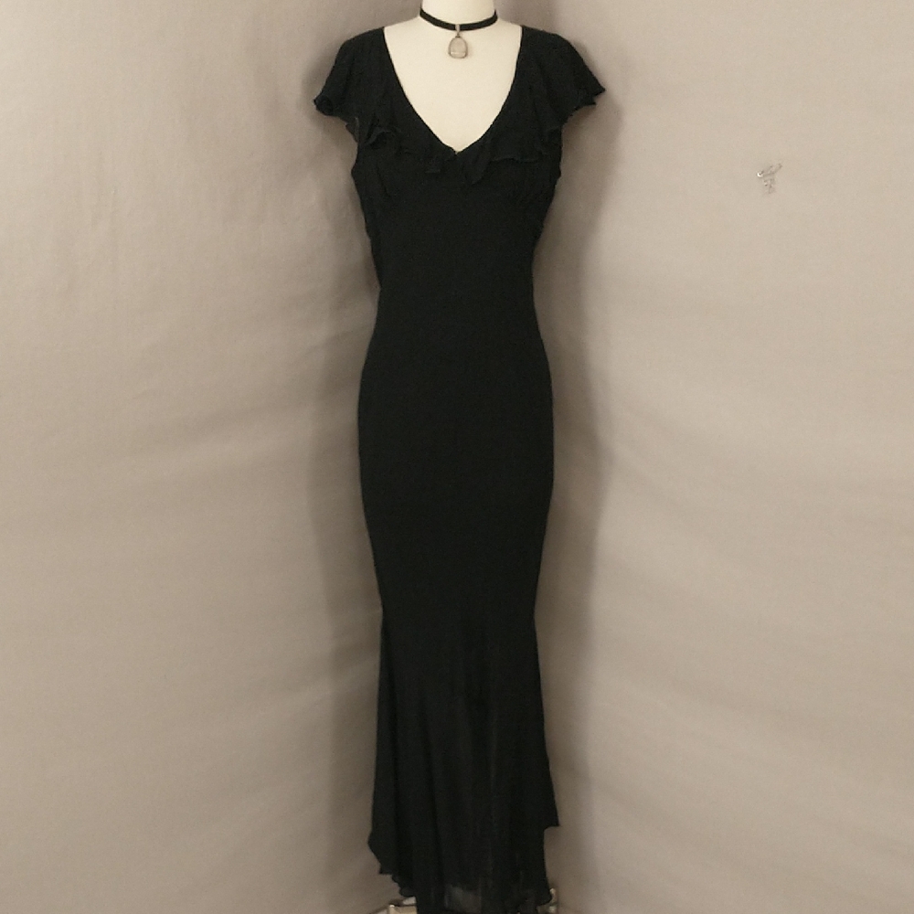 90s Does 20s Black Slinky Long Dress Maxi Party Flapper Twenties Look Bias Cut